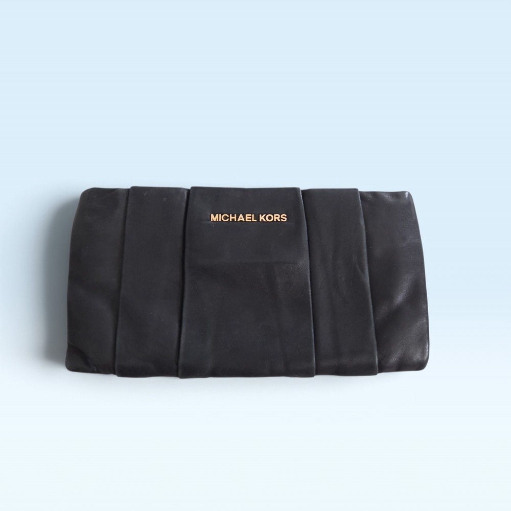 Michael Kors Small Black Leather Pleated Clutch Bag Gold Logo